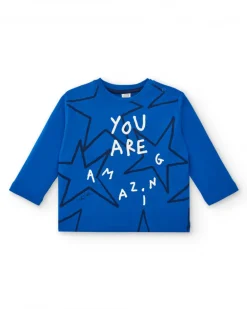 T-shirt garçon en maille bleu avec imprimé étoiles et message de la collection Amazing