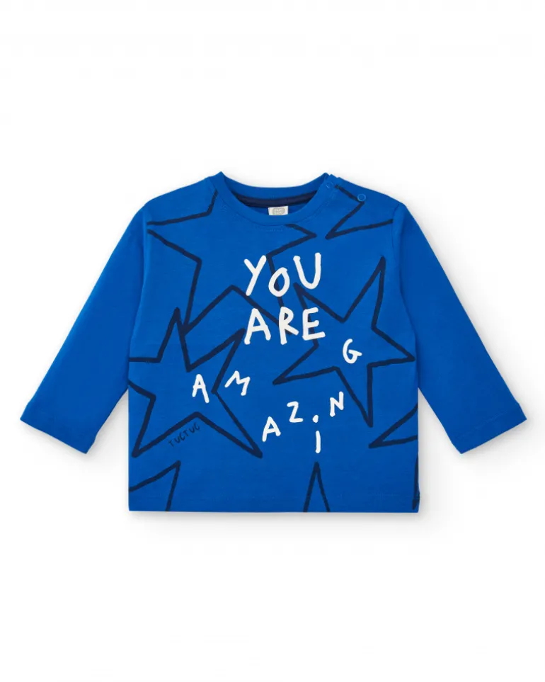 T-shirt garçon en maille bleu avec imprimé étoiles et message de la collection Amazing