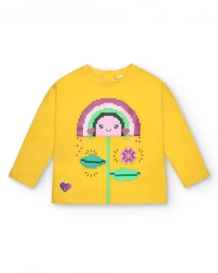 T-shirt jaune manches longues avec arc-en-ciel et fleur pour fille collection Cyber Dino