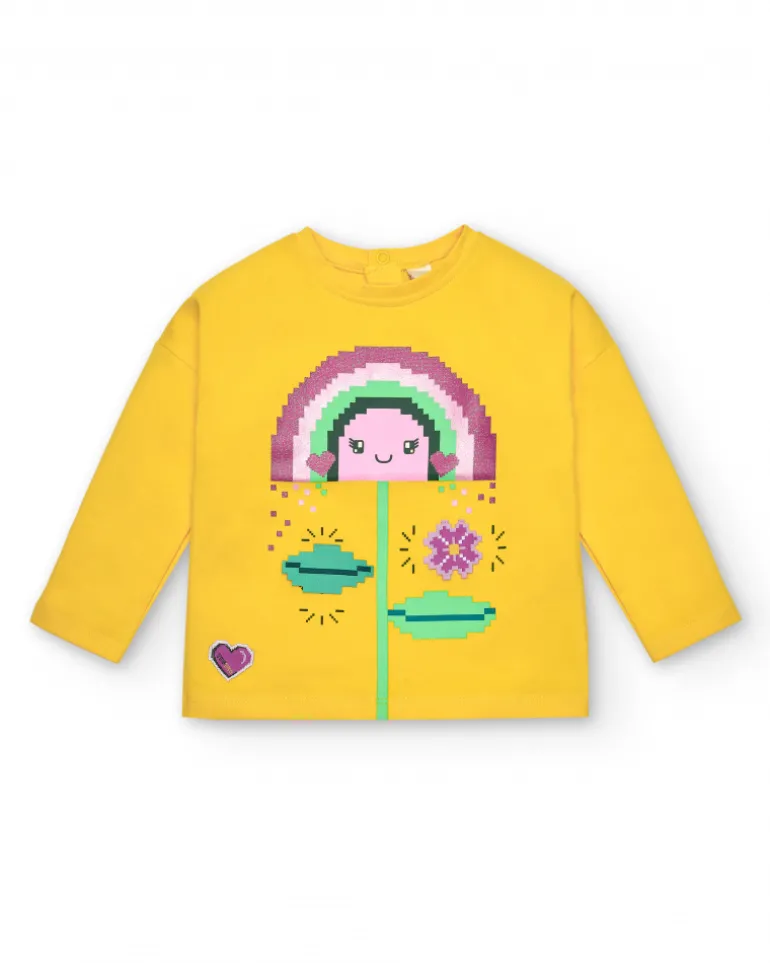 T-shirt jaune manches longues avec arc-en-ciel et fleur pour fille collection Cyber Dino