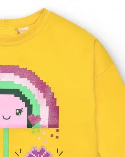 T-shirt jaune manches longues avec arc-en-ciel et fleur pour fille collection Cyber Dino