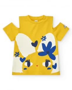 T-shirt jaune pour fille avec fleurs et manches ouvertes