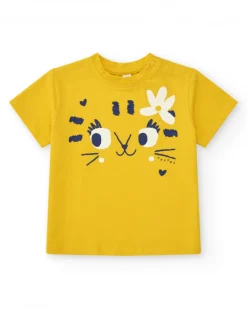 T-shirt jaune pour fille avec chat et fleur bleue