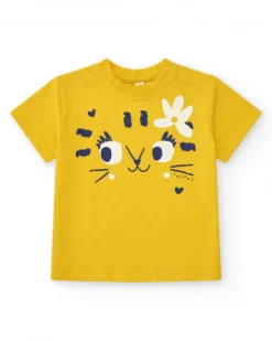 T-shirt jaune pour fille avec chat et fleur bleue