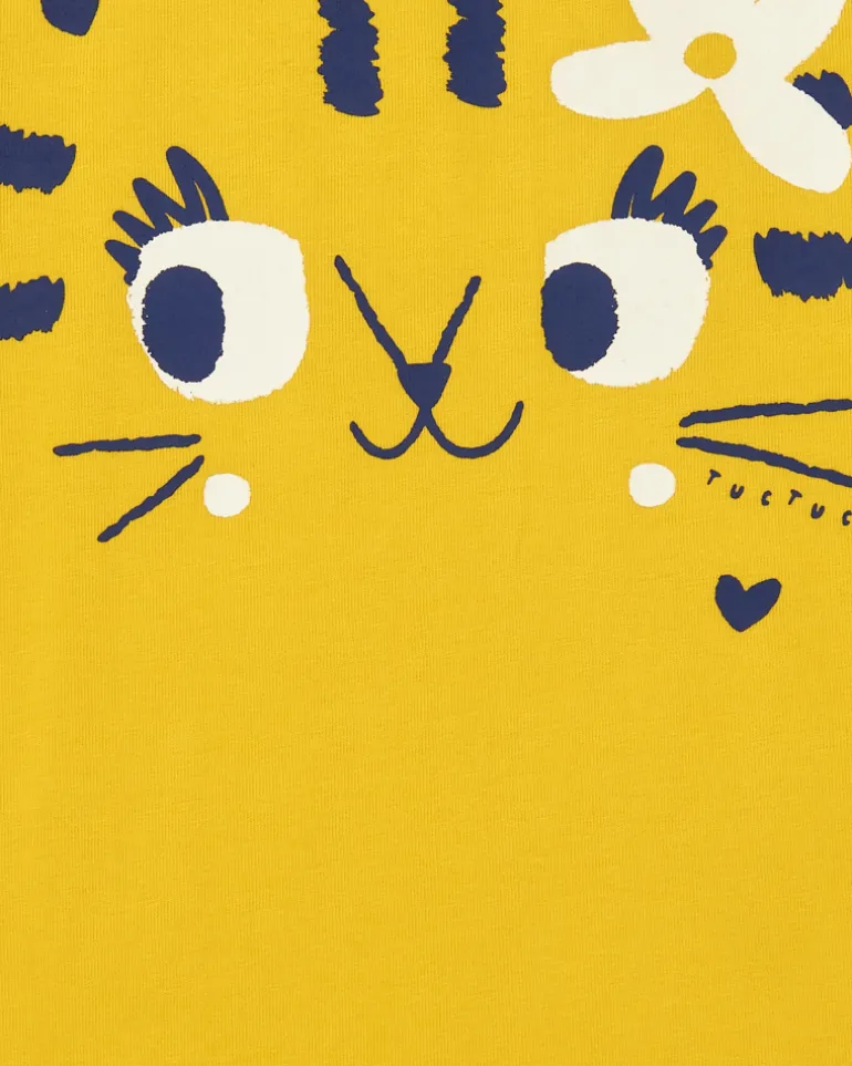 T-shirt jaune pour fille avec chat et fleur bleue