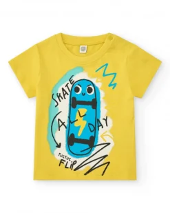 T-shirt jaune pour garçon avec trottinette et phrase "SKATE ALL DAY"