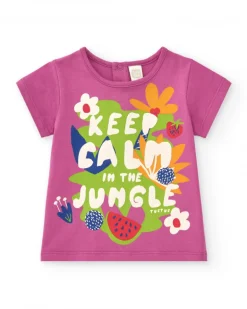 T-shirt lilas pour fille avec imprimé tropical et message
