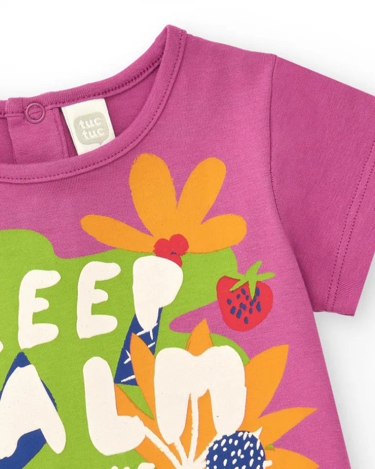 T-shirt lilas pour fille avec imprimé tropical et message