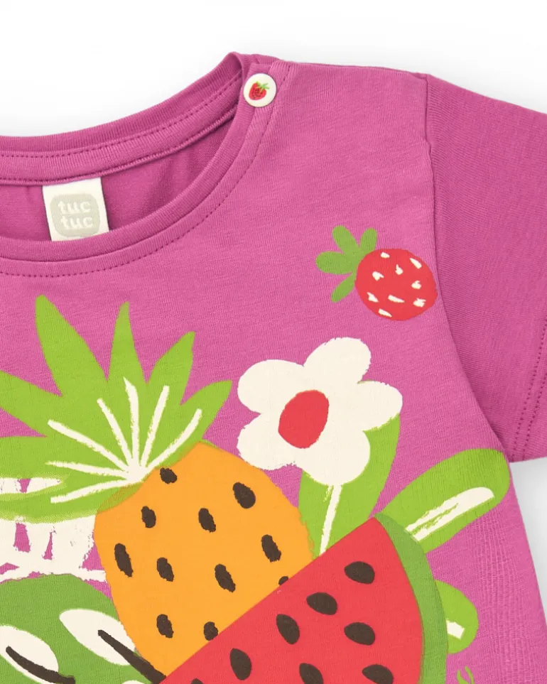 T-shirt lilas pour fille avec franges et imprimé de fruits