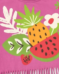 T-shirt lilas pour fille avec franges et imprimé de fruits
