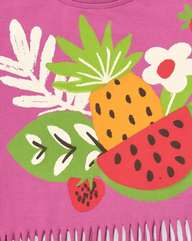 T-shirt lilas pour fille avec franges et imprimé de fruits