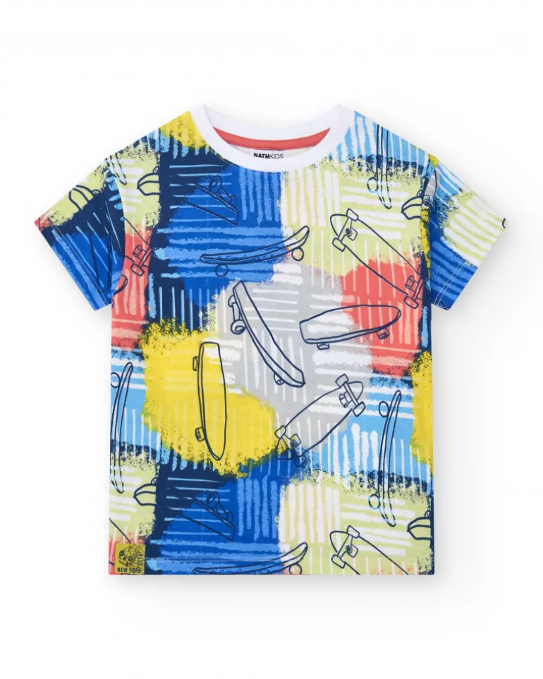 T-shirt multicolore pour garçon avec imprimé de trottinettes.