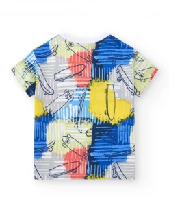 T-shirt multicolore pour garçon avec imprimé de trottinettes.