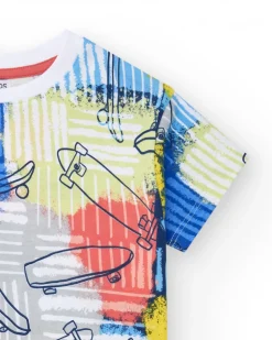 T-shirt multicolore pour garçon avec imprimé de trottinettes.