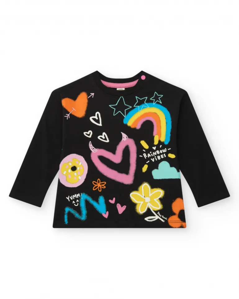 T-shirt noir pour fille avec cœurs et arc-en-ciel