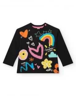 T-shirt noir pour fille avec cœurs et arc-en-ciel