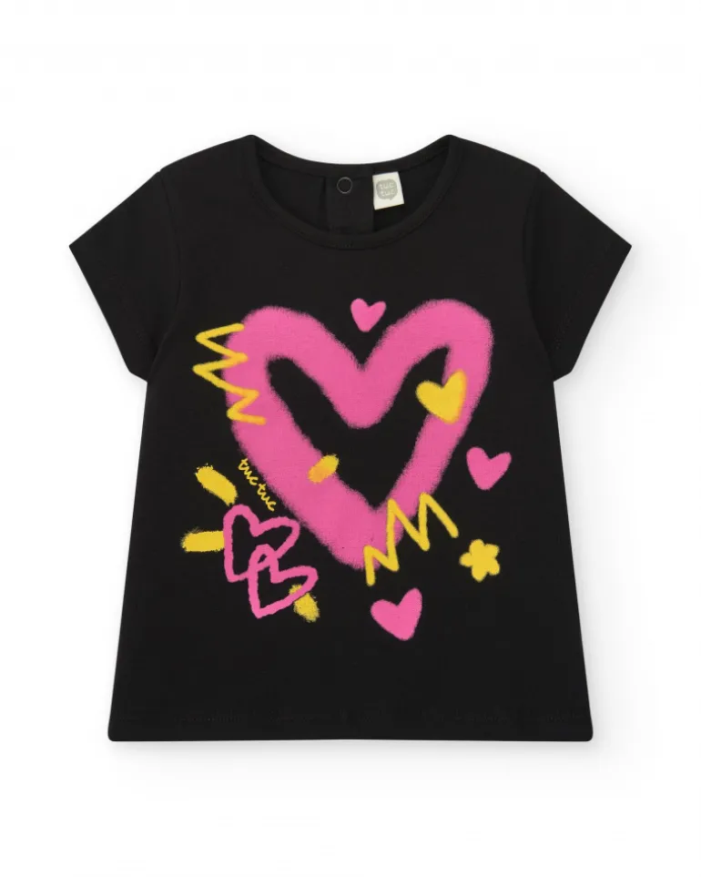 T-shirt noir pour fille avec cœurs vibrants