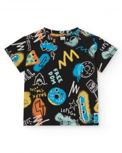 T-shirt noir pour garçon avec skateboards et donuts