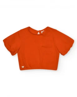 T-shirt orange pour fille avec fleur et manches bouffantes