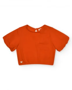 T-shirt orange pour fille avec fleur et manches bouffantes
