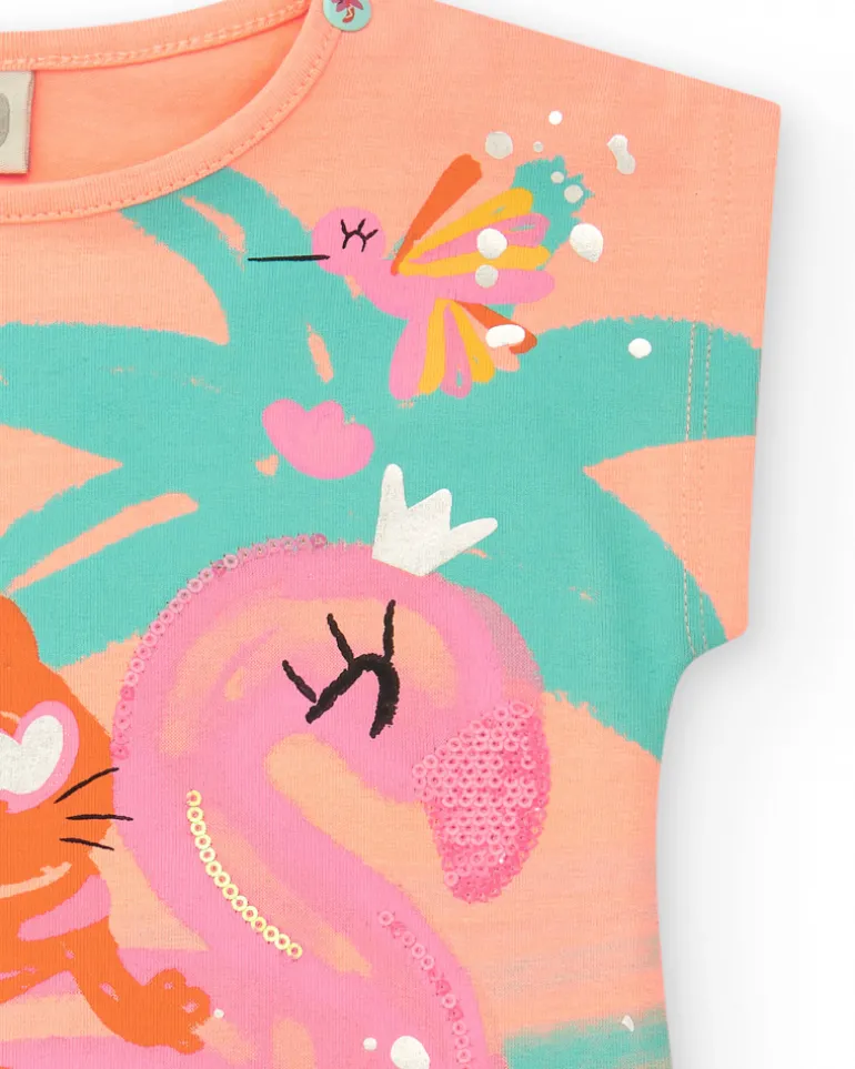 T-shirt orange pour fille avec tigre, flamant rose et détails tropicaux