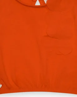T-shirt orange pour fille avec fleur et manches bouffantes