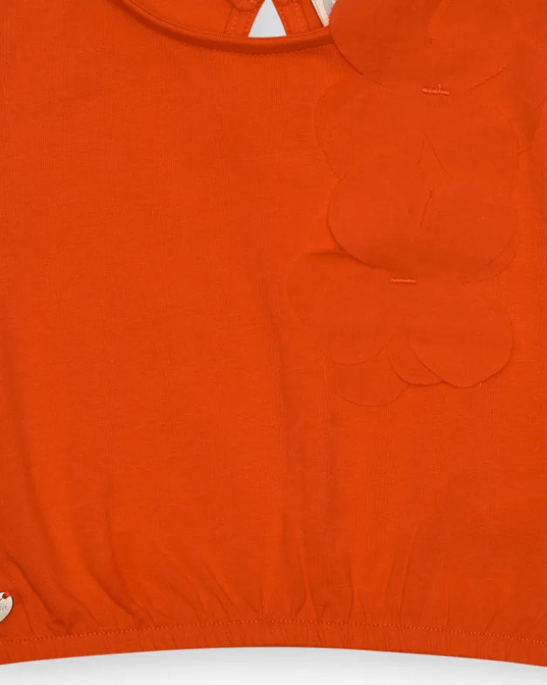 T-shirt orange pour fille avec fleur et manches bouffantes