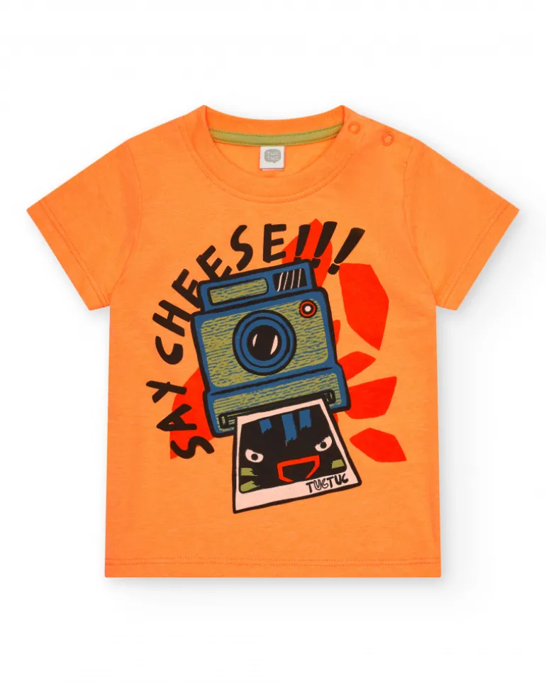 T-shirt orange pour garçon avec imprimé d’appareil photo et texte