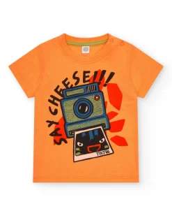 T-shirt orange pour garçon avec imprimé d’appareil photo et texte