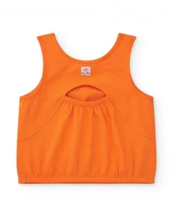 T-shirt orange sans manches pour fille avec visage de chat et détails métalliques