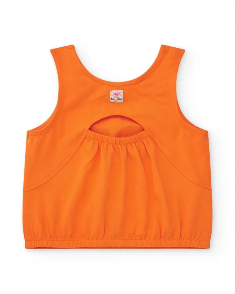 T-shirt orange sans manches pour fille avec visage de chat et détails métalliques