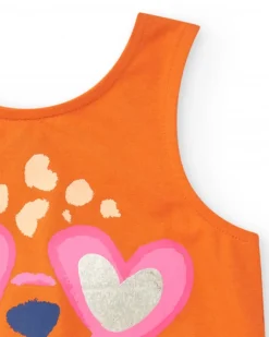 T-shirt orange sans manches pour fille avec visage de chat et détails métalliques