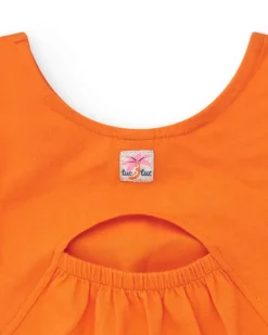 T-shirt orange sans manches pour fille avec visage de chat et détails métalliques