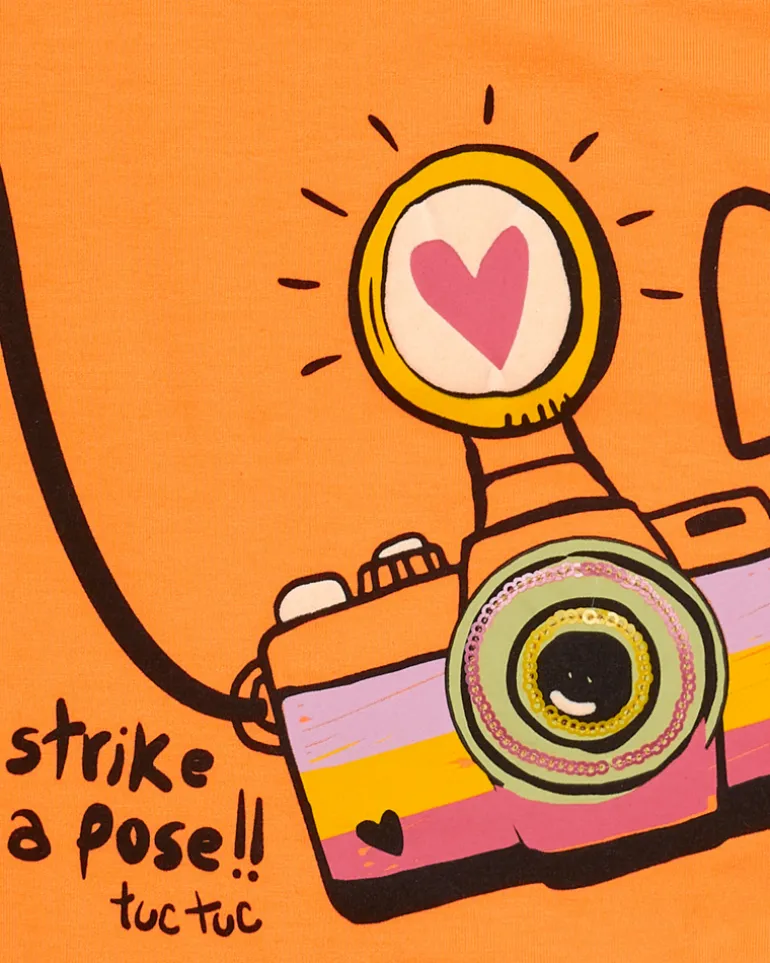 T-shirt pour fille avec appareil photo en sequins et phrase "Strike a pose!!"