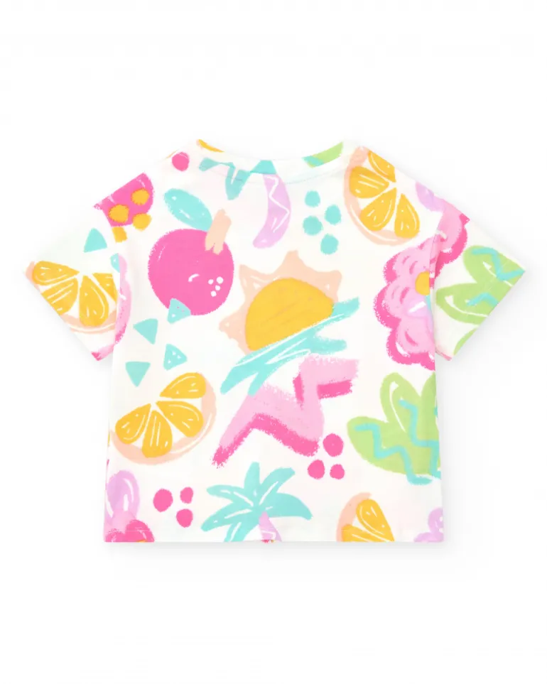 T-shirt pour fille avec fruits tropicaux et nœud décoratif