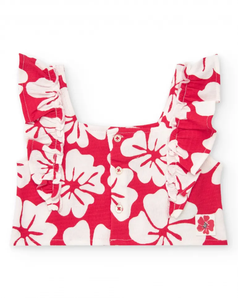 T-shirt pour fille avec volants et imprimé floral en rouge et blanc