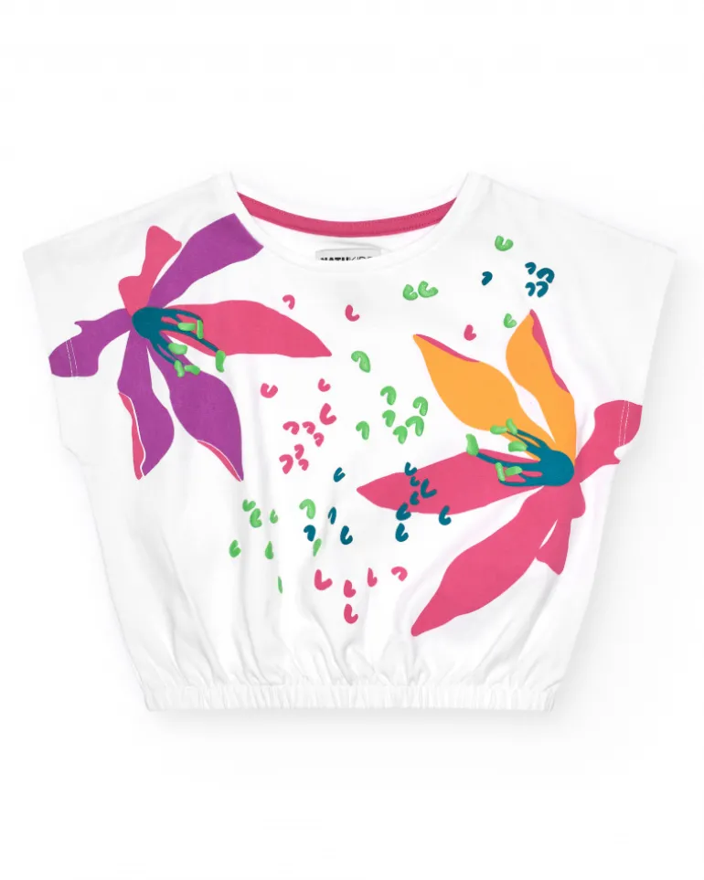 T-shirt pour fille en blanc à manches courtes avec imprimé floral.