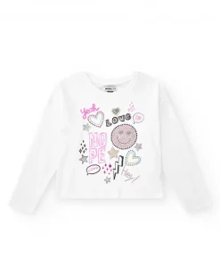 T-shirt pour fille en blanc, à manches longues, décoré avec des graphiques.