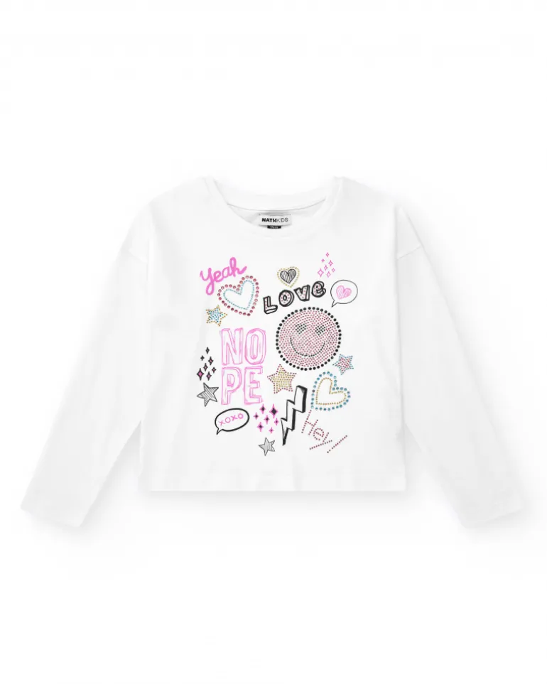 T-shirt pour fille en blanc, à manches longues, décoré avec des graphiques.