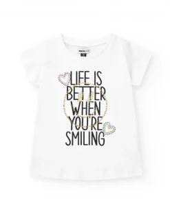 T-shirt pour fille en blanc, à manches courtes, avec détails brillants.