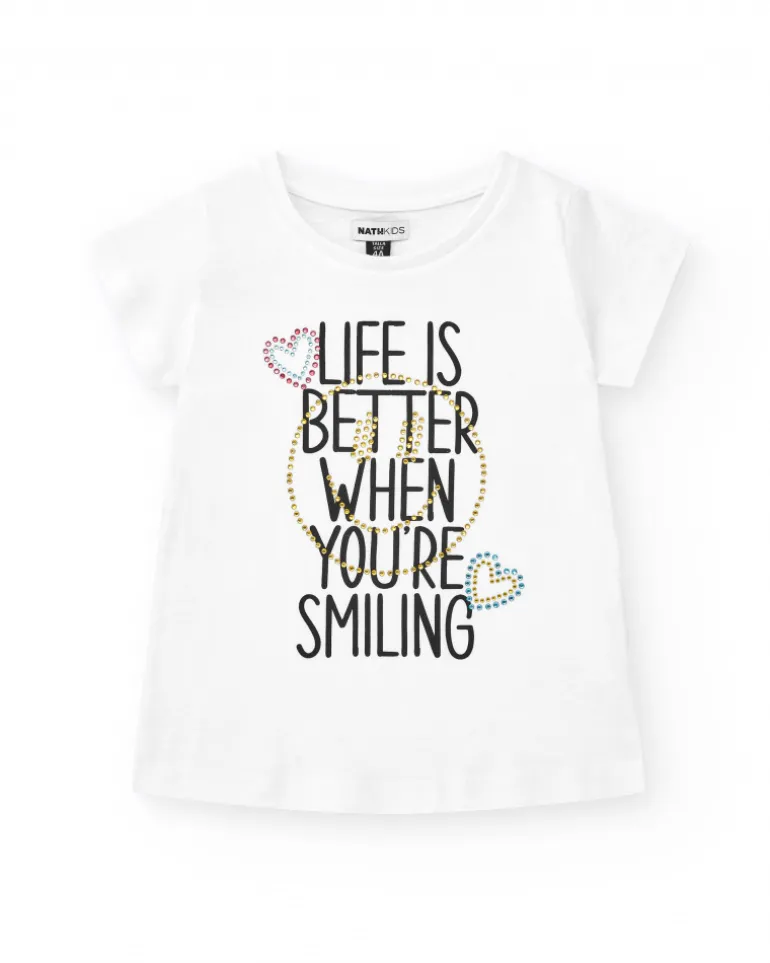 T-shirt pour fille en blanc, à manches courtes, avec détails brillants.