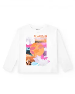 T-shirt pour fille en blanc, manches longues avec imprimé tropical.