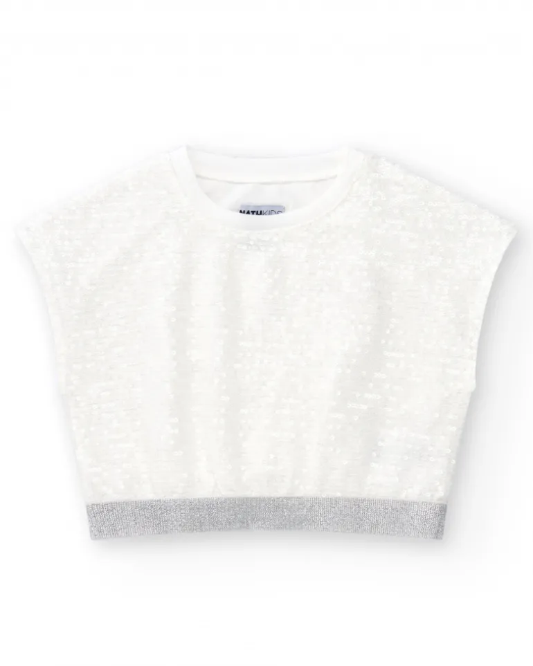 T-shirt pour fille en blanc avec sequins et ourlet élastique.
