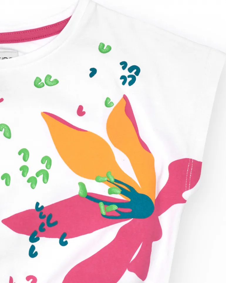 T-shirt pour fille en blanc à manches courtes avec imprimé floral.