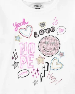 T-shirt pour fille en blanc, à manches longues, décoré avec des graphiques.