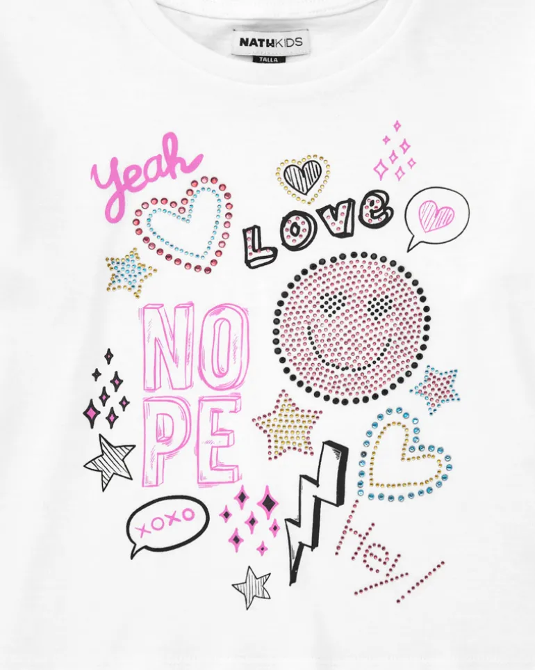 T-shirt pour fille en blanc, à manches longues, décoré avec des graphiques.