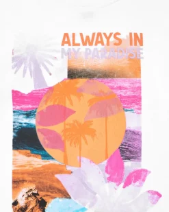 T-shirt pour fille en blanc, manches longues avec imprimé tropical.