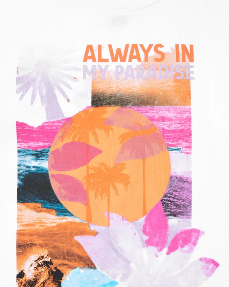 T-shirt pour fille en blanc, manches longues avec imprimé tropical.