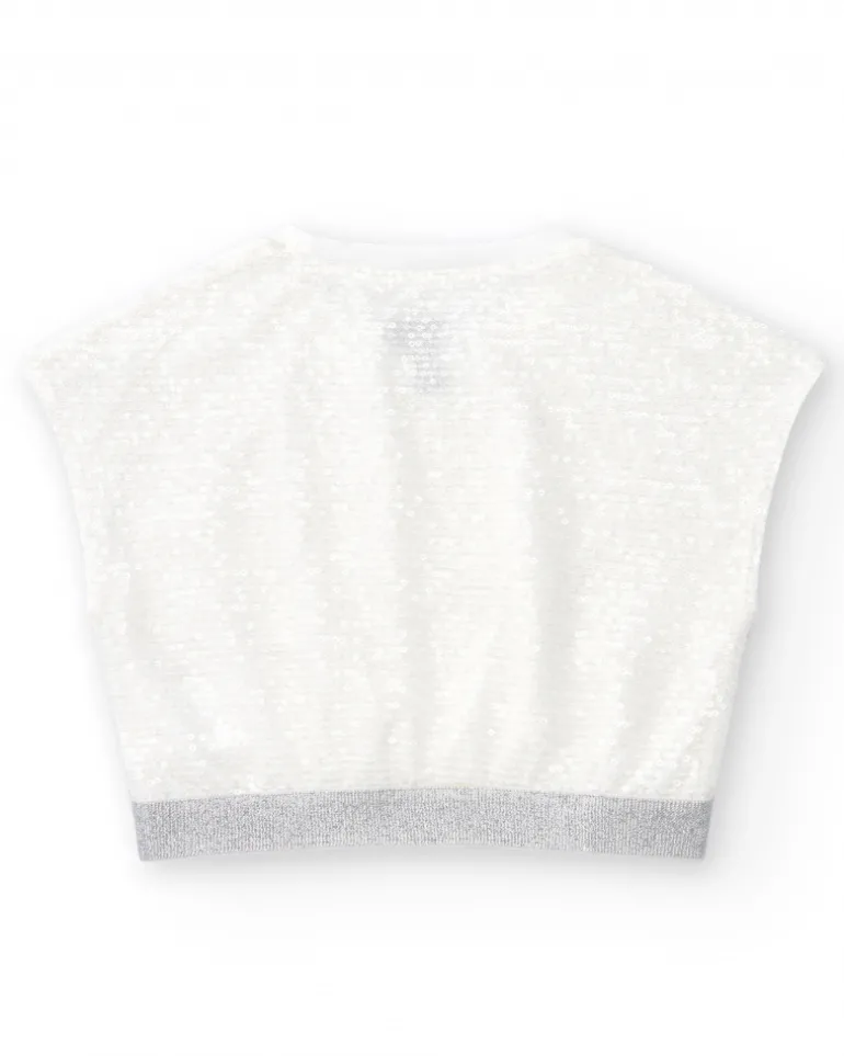 T-shirt pour fille en blanc avec sequins et ourlet élastique.
