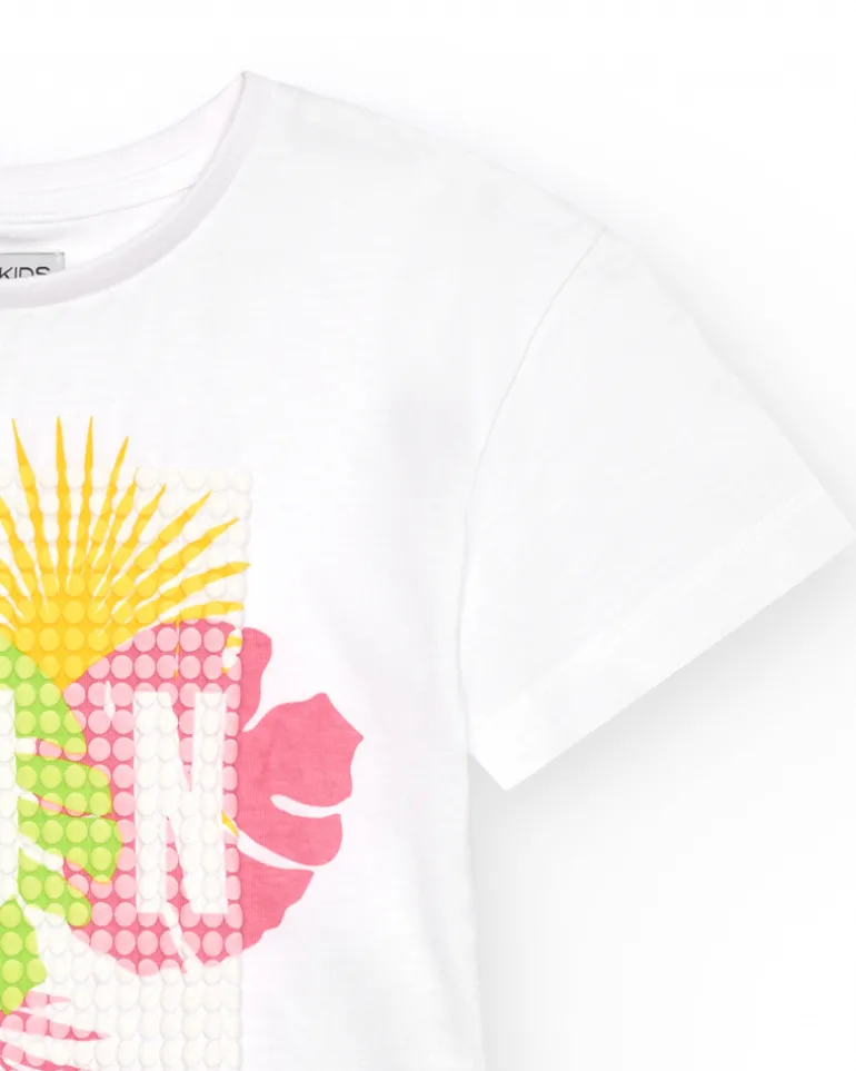 T-shirt pour fille en blanc avec imprimé tropical.
